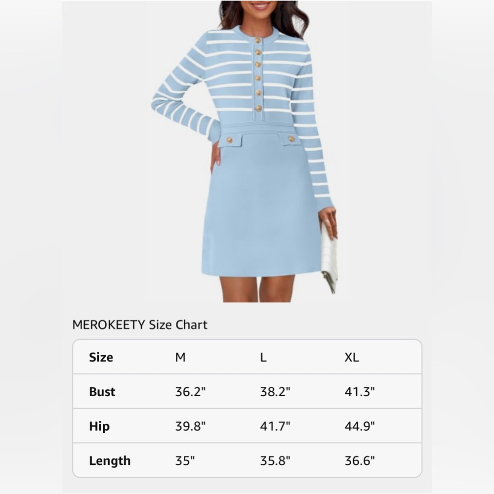 NWT MEROKEETY ELEGANT BLUE STRIPED SWEATER DRESS ……728 - Picture 5 of 10